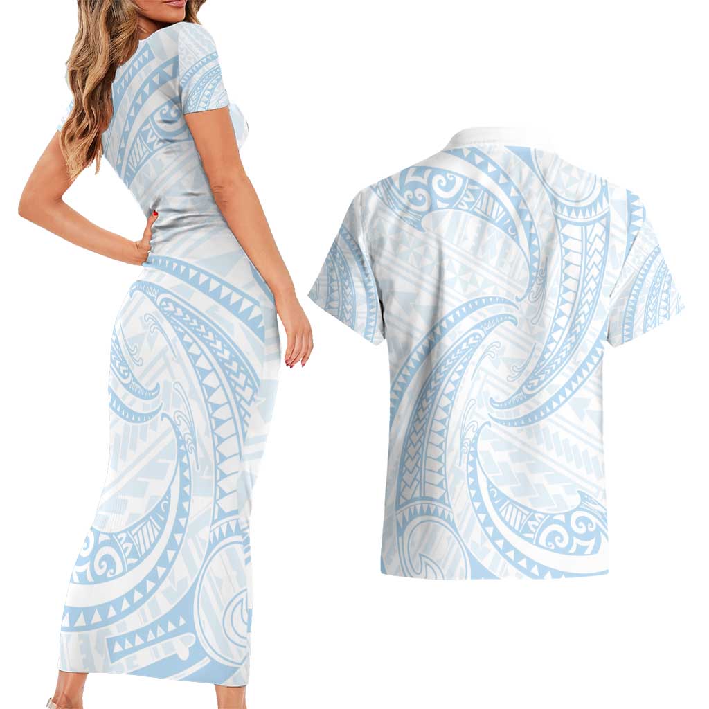 White Sunday Lotu Tamaiti Couples Matching Short Sleeve Bodycon Dress and Hawaiian Shirt Polynesian Wave Pastel Sky Blue LT9 - Polynesian Pride
