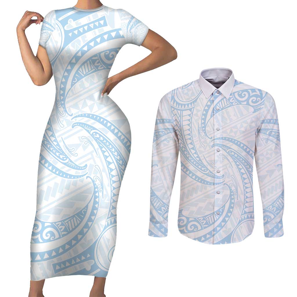 White Sunday Lotu Tamaiti Couples Matching Short Sleeve Bodycon Dress and Long Sleeve Button Shirt Polynesian Wave Pastel Sky Blue LT9 Blue - Polynesian Pride