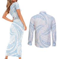 White Sunday Lotu Tamaiti Couples Matching Short Sleeve Bodycon Dress and Long Sleeve Button Shirt Polynesian Wave Pastel Sky Blue LT9 - Polynesian Pride