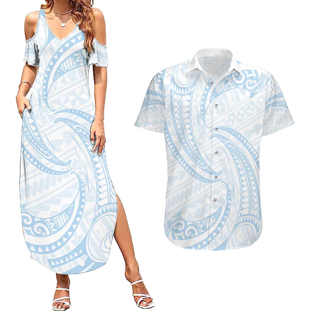 White Sunday Lotu Tamaiti Couples Matching Summer Maxi Dress and Hawaiian Shirt Polynesian Wave Pastel Sky Blue - Polynesian Pride