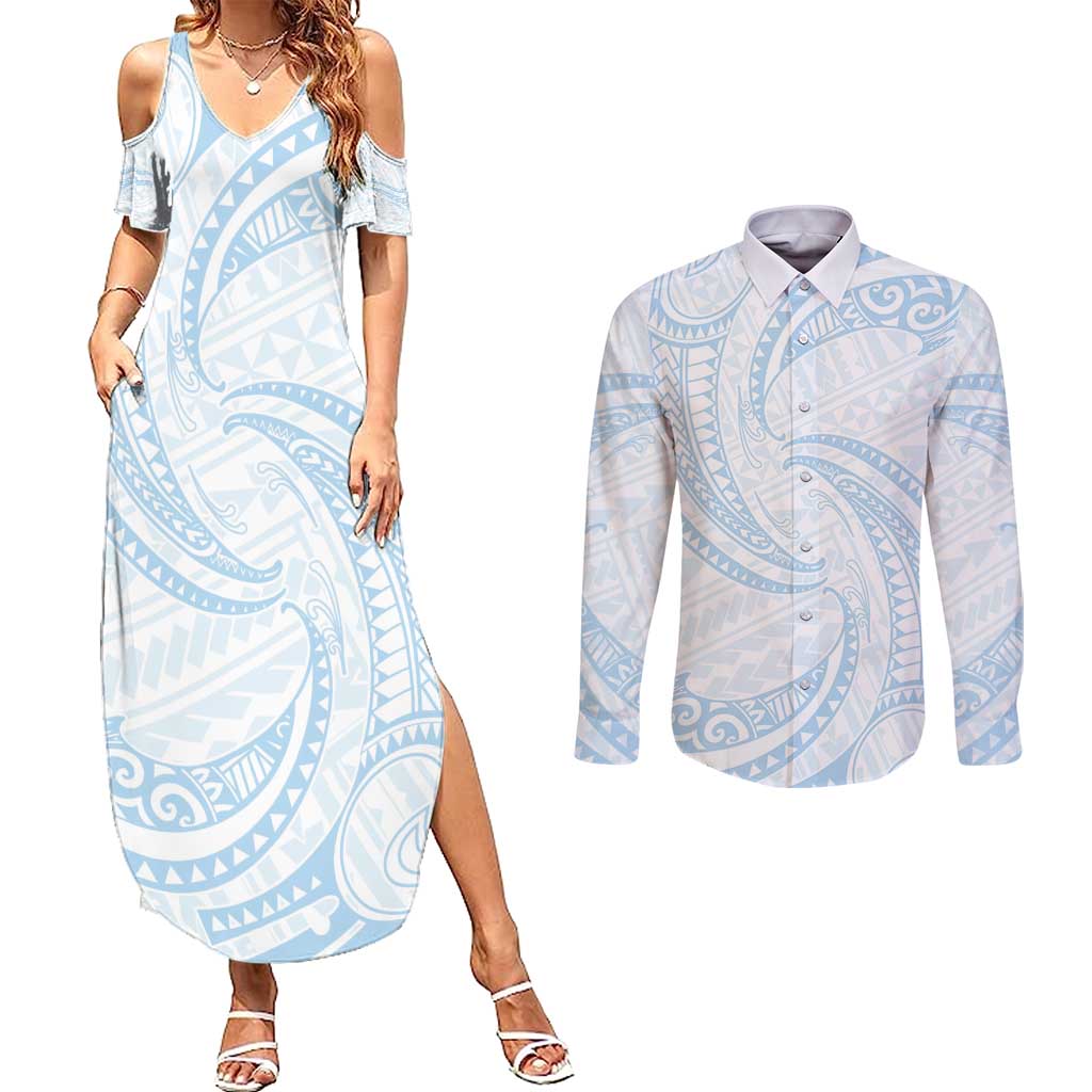 White Sunday Lotu Tamaiti Couples Matching Summer Maxi Dress and Long Sleeve Button Shirt Polynesian Wave Pastel Sky Blue LT9 Blue - Polynesian Pride