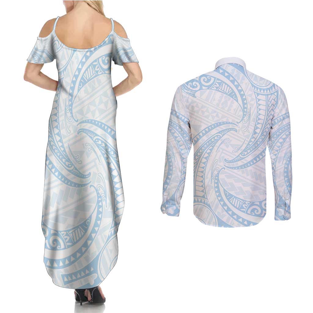 White Sunday Lotu Tamaiti Couples Matching Summer Maxi Dress and Long Sleeve Button Shirt Polynesian Wave Pastel Sky Blue LT9 - Polynesian Pride