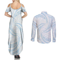 White Sunday Lotu Tamaiti Couples Matching Summer Maxi Dress and Long Sleeve Button Shirt Polynesian Wave Pastel Sky Blue LT9 - Polynesian Pride