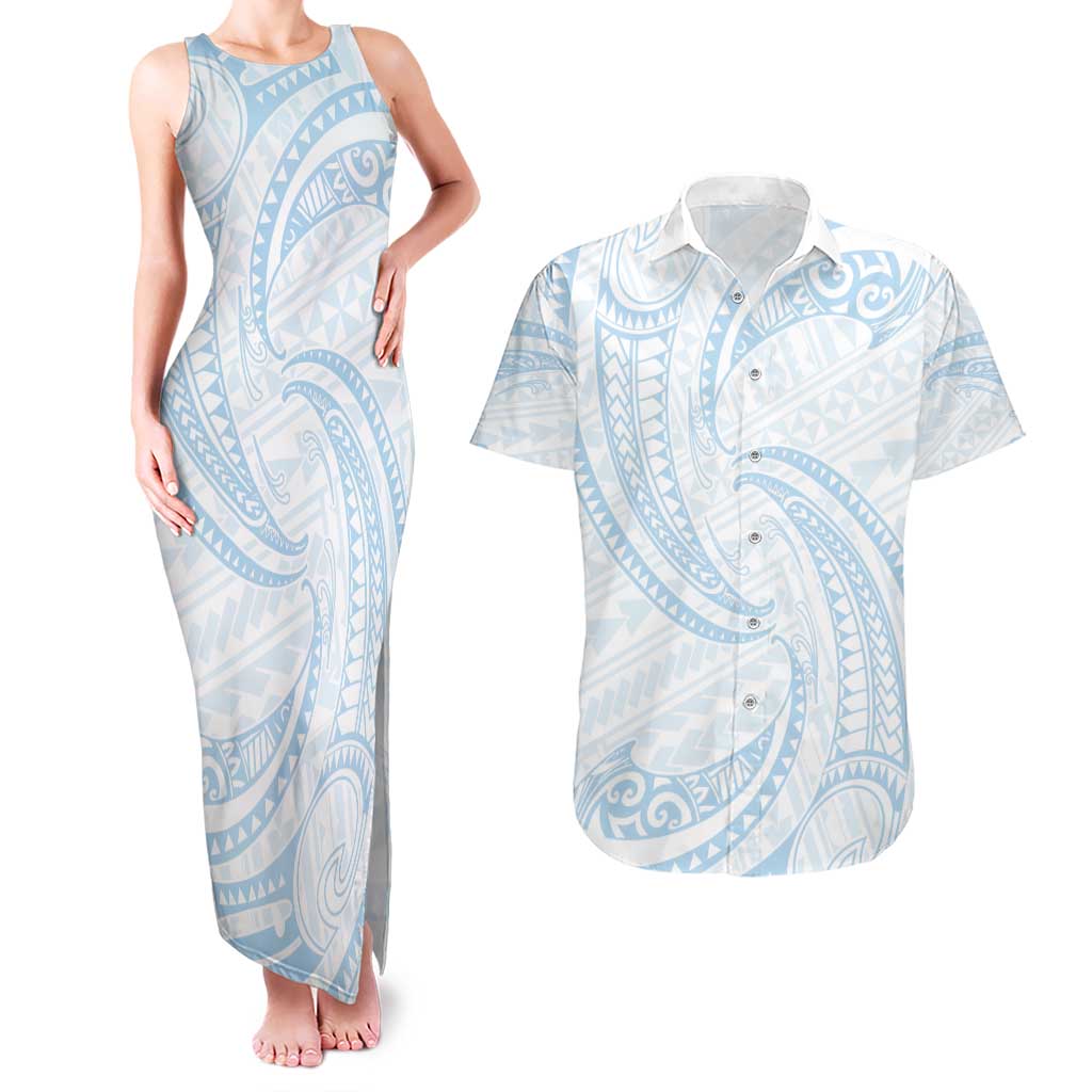 White Sunday Lotu Tamaiti Couples Matching Tank Maxi Dress and Hawaiian Shirt Polynesian Wave Pastel Sky Blue LT9 Blue - Polynesian Pride
