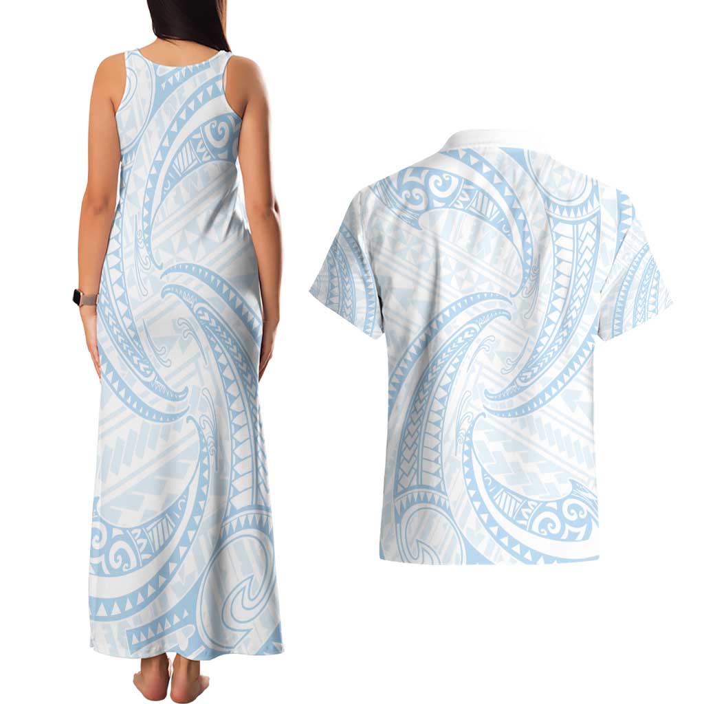 White Sunday Lotu Tamaiti Couples Matching Tank Maxi Dress and Hawaiian Shirt Polynesian Wave Pastel Sky Blue LT9 - Polynesian Pride