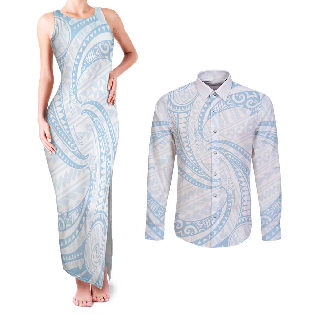 White Sunday Lotu Tamaiti Couples Matching Tank Maxi Dress and Long Sleeve Button Shirt Polynesian Wave Pastel Sky Blue LT9 Blue - Polynesian Pride