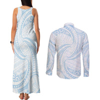 White Sunday Lotu Tamaiti Couples Matching Tank Maxi Dress and Long Sleeve Button Shirt Polynesian Wave Pastel Sky Blue LT9 - Polynesian Pride