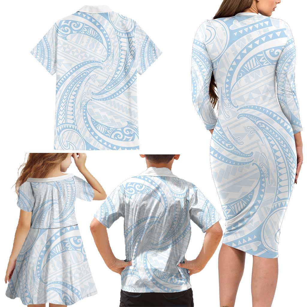 White Sunday Lotu Tamaiti Family Matching Long Sleeve Bodycon Dress and Hawaiian Shirt Polynesian Wave Pastel Sky Blue LT9 - Polynesian Pride