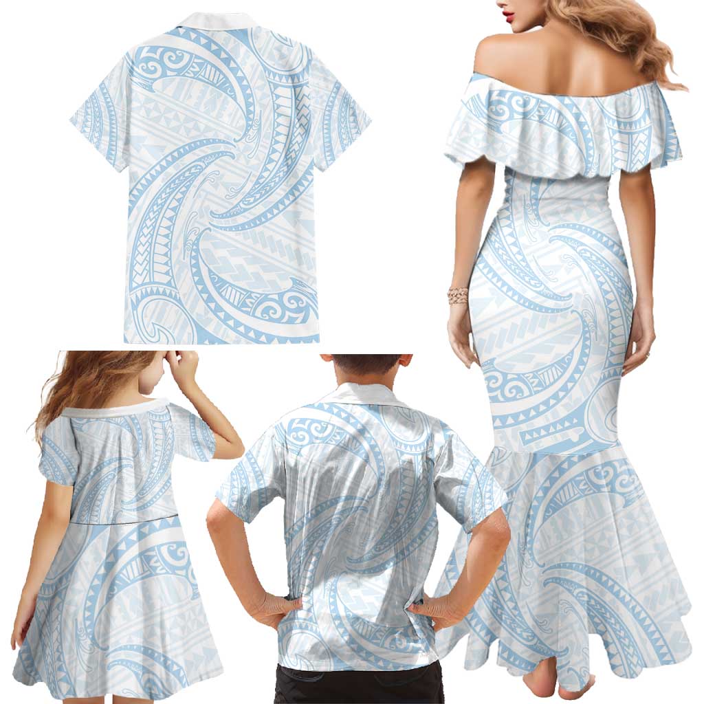 White Sunday Lotu Tamaiti Family Matching Mermaid Dress and Hawaiian Shirt Polynesian Wave Pastel Sky Blue LT9 - Polynesian Pride
