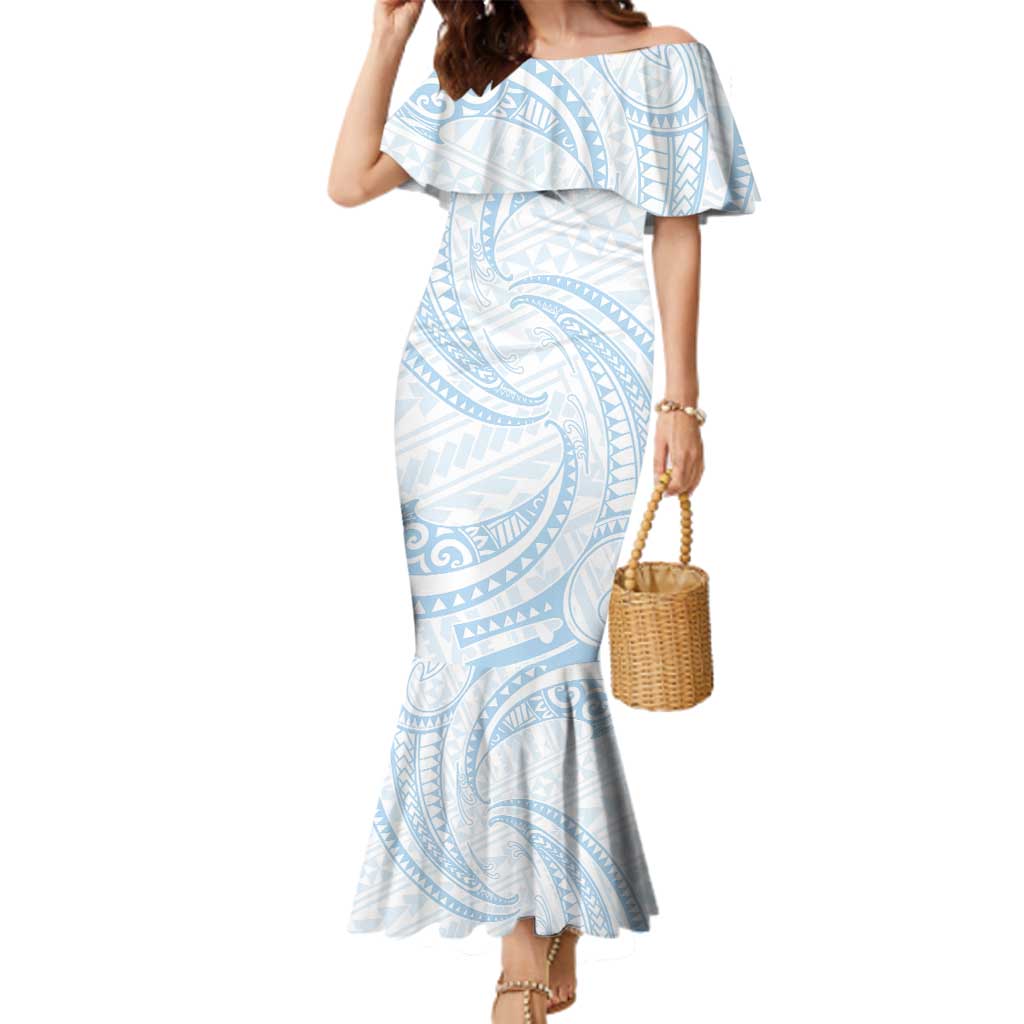 White Sunday Lotu Tamaiti Family Matching Mermaid Dress and Hawaiian Shirt Polynesian Wave Pastel Sky Blue LT9 Mom's Dress Blue - Polynesian Pride