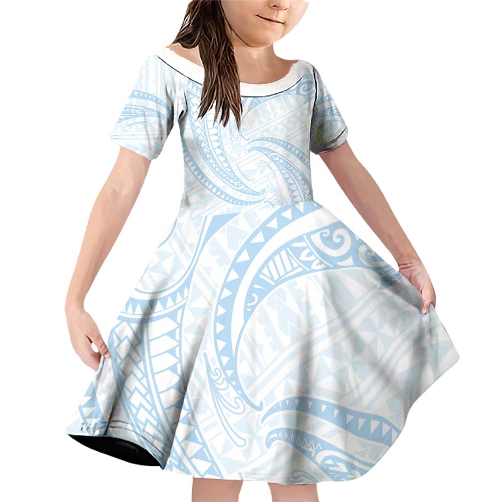 White Sunday Lotu Tamaiti Family Matching Off Shoulder Short Dress and Hawaiian Shirt Polynesian Wave Pastel Sky Blue LT9 Daughter's Dress Blue - Polynesian Pride
