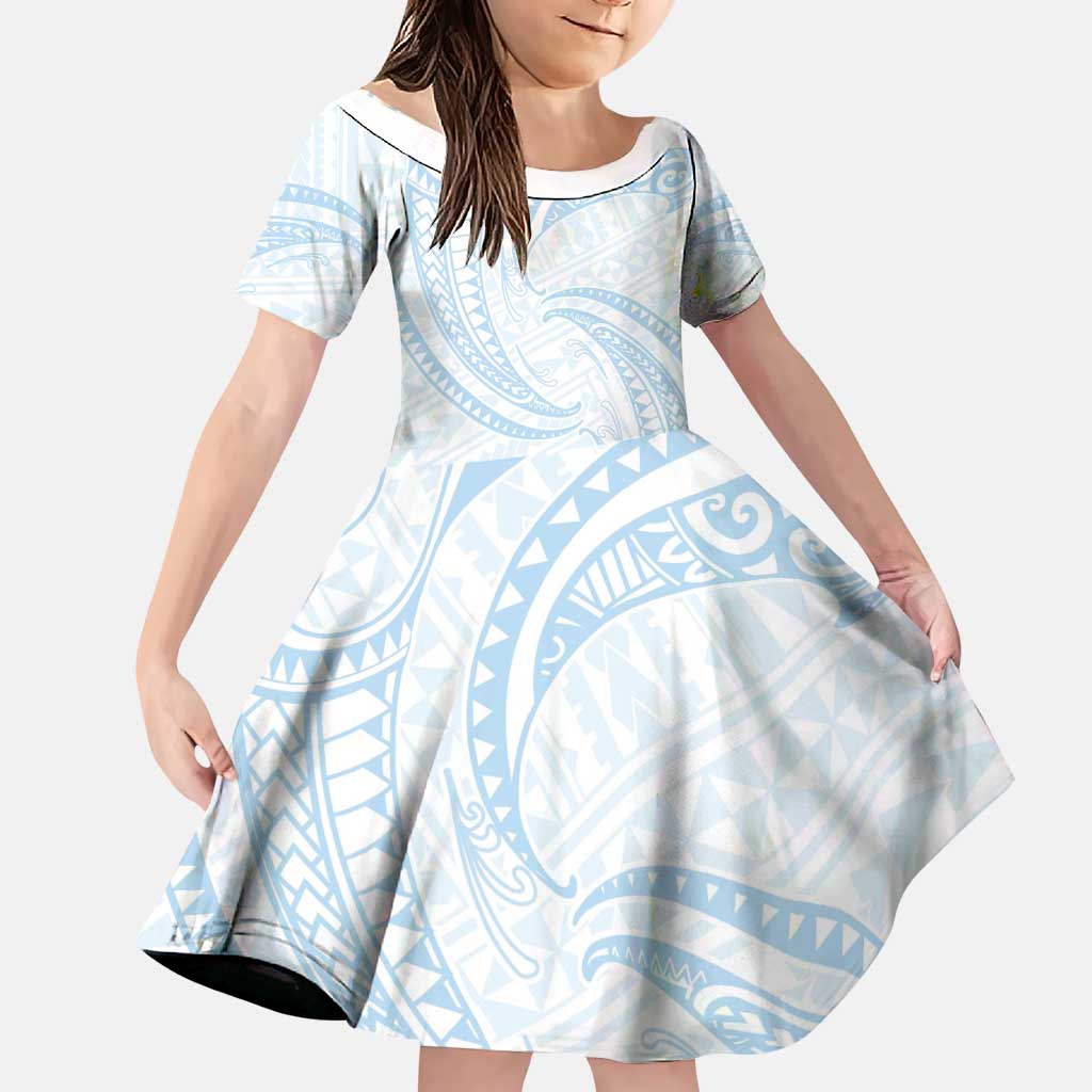 White Sunday Lotu Tamaiti Family Matching Puletasi and Hawaiian Shirt Polynesian Wave Pastel Sky Blue LT9 Daughter's Dress Blue - Polynesian Pride