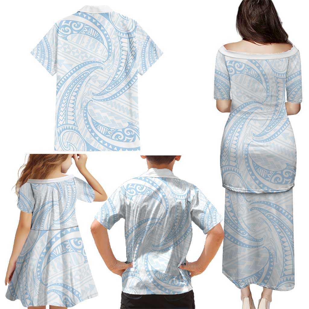 White Sunday Lotu Tamaiti Family Matching Puletasi and Hawaiian Shirt Polynesian Wave Pastel Sky Blue LT9 - Polynesian Pride