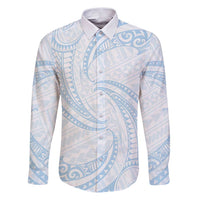 White Sunday Lotu Tamaiti Family Matching Puletasi and Hawaiian Shirt Polynesian Wave Pastel Sky Blue LT9 Dad's Shirt - Long Sleeve Blue - Polynesian Pride