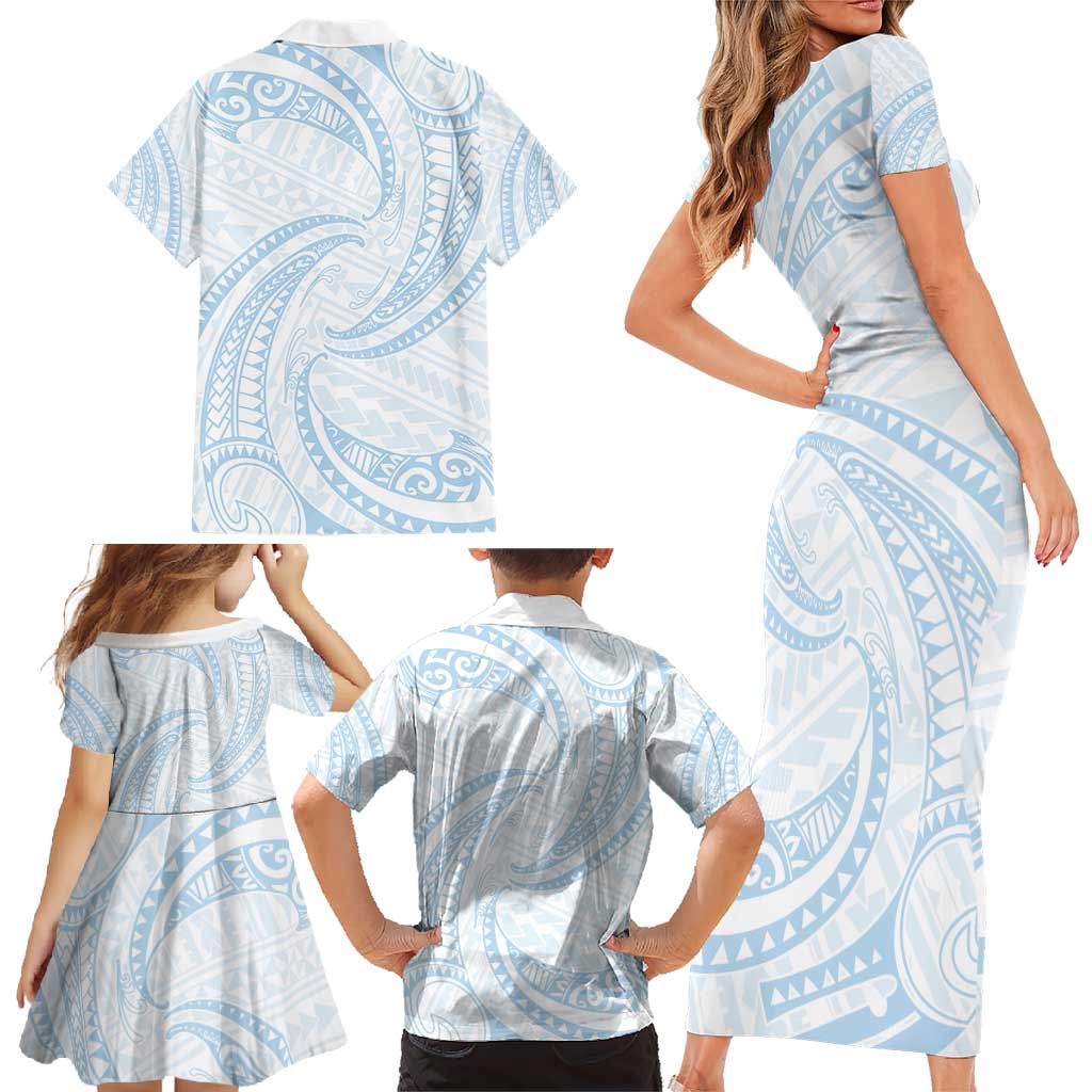 White Sunday Lotu Tamaiti Family Matching Short Sleeve Bodycon Dress and Hawaiian Shirt Polynesian Wave Pastel Sky Blue LT9 - Polynesian Pride