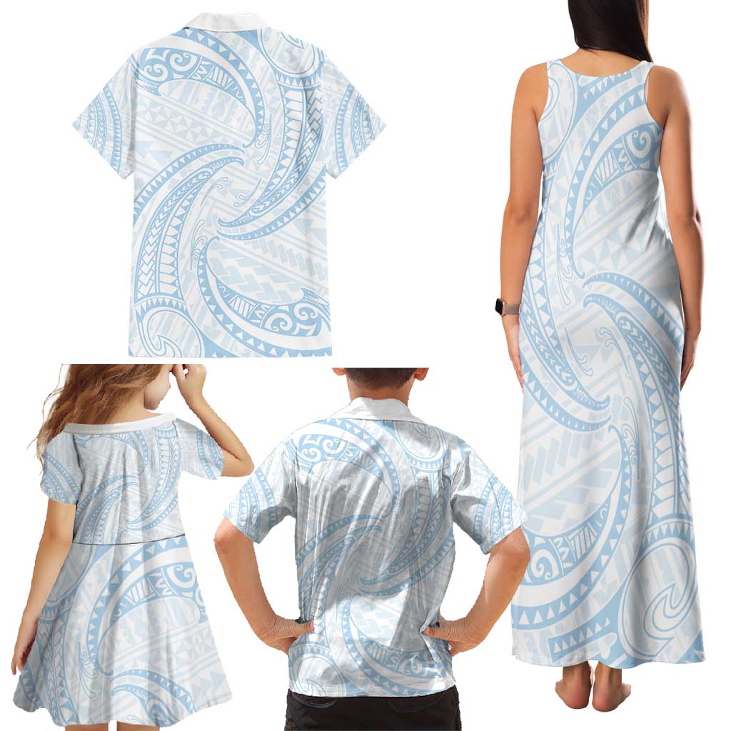 White Sunday Lotu Tamaiti Family Matching Tank Maxi Dress and Hawaiian Shirt Polynesian Wave Pastel Sky Blue LT9 - Polynesian Pride