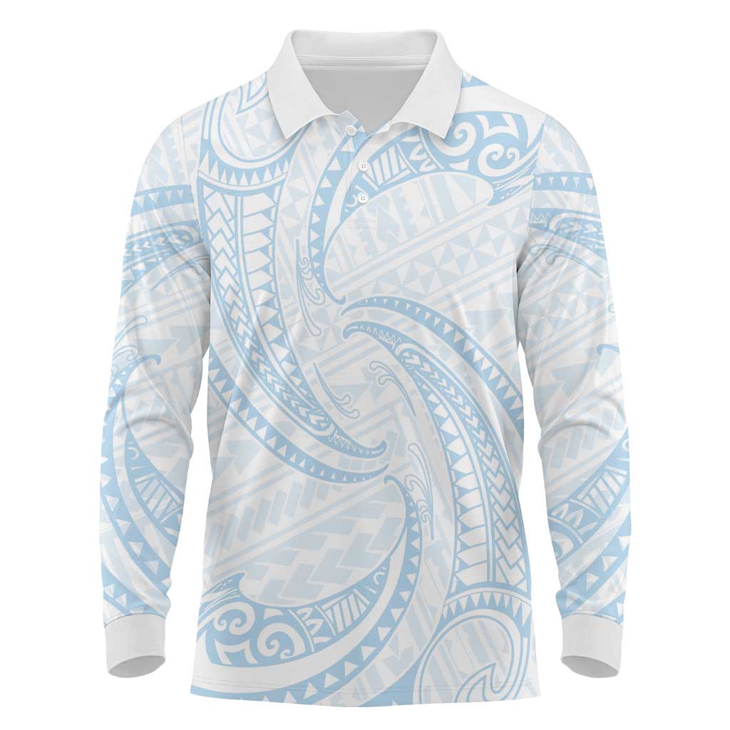 White Sunday Lotu Tamaiti Long Sleeve Polo Shirt Polynesian Wave Pastel Sky Blue LT9 Blue - Polynesian Pride