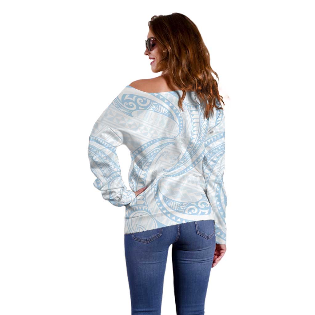 White Sunday Lotu Tamaiti Off Shoulder Sweater Polynesian Wave Pastel Sky Blue - Polynesian Pride