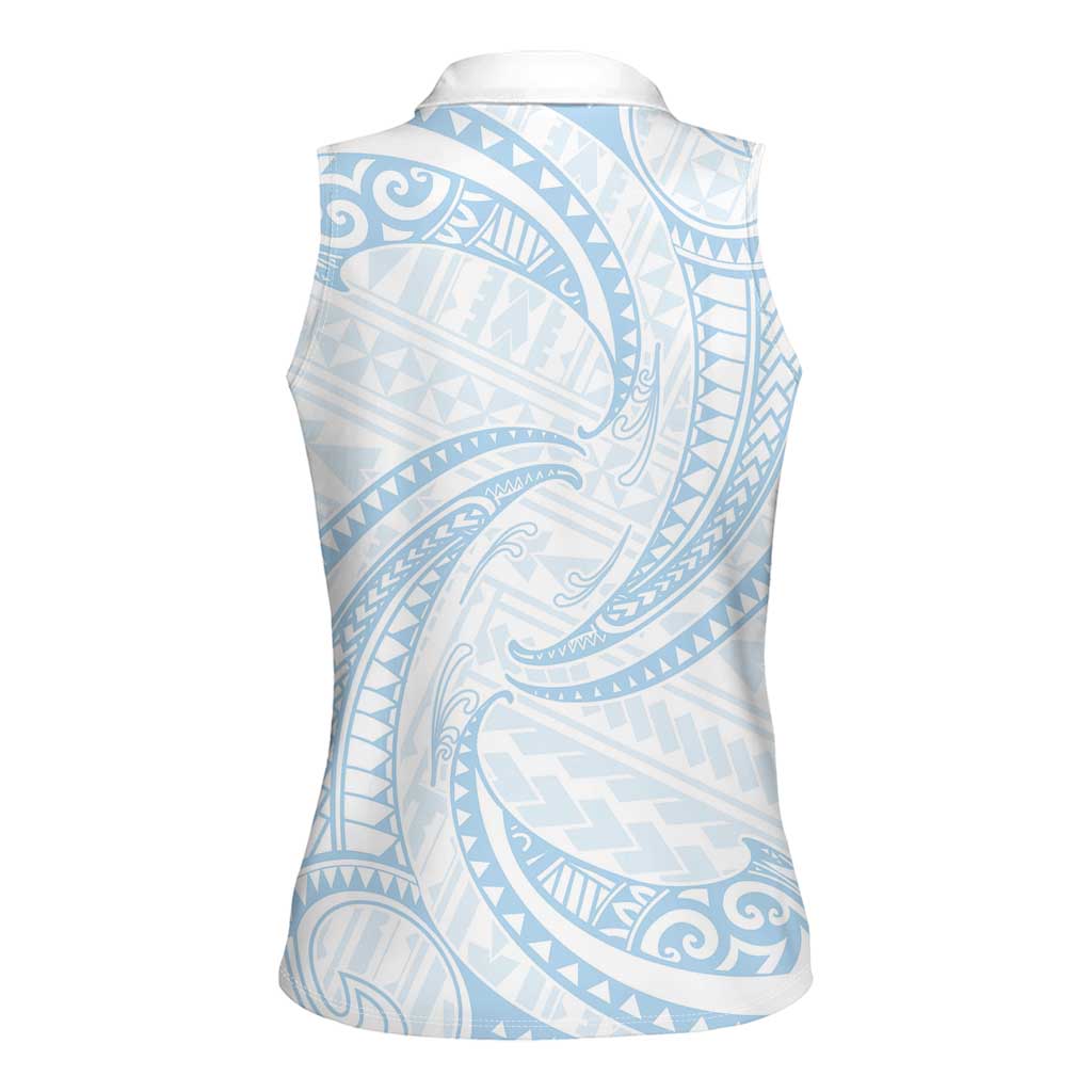White Sunday Lotu Tamaiti Women Sleeveless Polo Shirt Polynesian Wave Pastel Sky Blue LT9 - Polynesian Pride