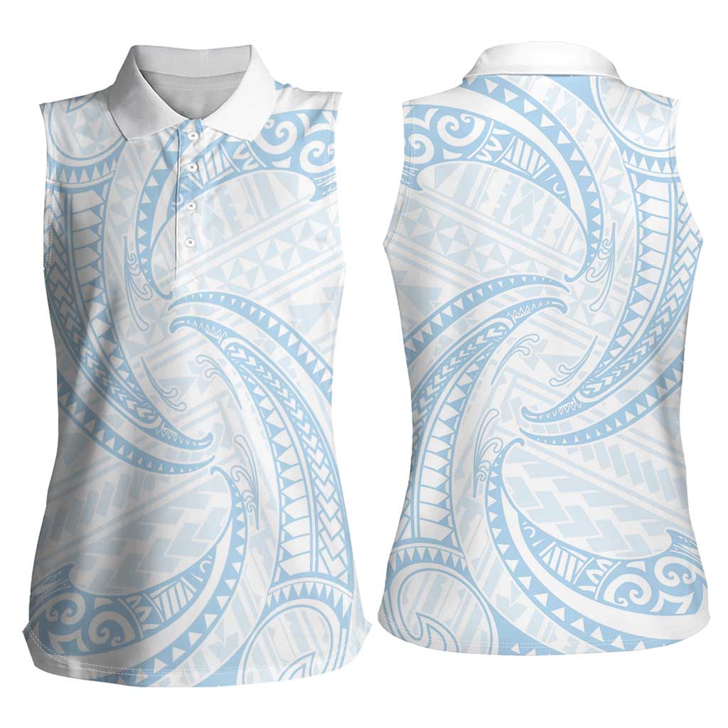 White Sunday Lotu Tamaiti Women Sleeveless Polo Shirt Polynesian Wave Pastel Sky Blue LT9 - Polynesian Pride