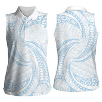 White Sunday Lotu Tamaiti Women Sleeveless Polo Shirt Polynesian Wave Pastel Sky Blue LT9 - Polynesian Pride