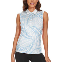 White Sunday Lotu Tamaiti Women Sleeveless Polo Shirt Polynesian Wave Pastel Sky Blue LT9 - Polynesian Pride