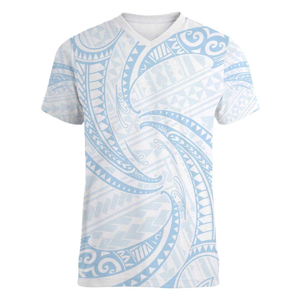 White Sunday Lotu Tamaiti Women V-Neck T-Shirt Polynesian Wave Pastel Sky Blue LT9 Female Blue - Polynesian Pride