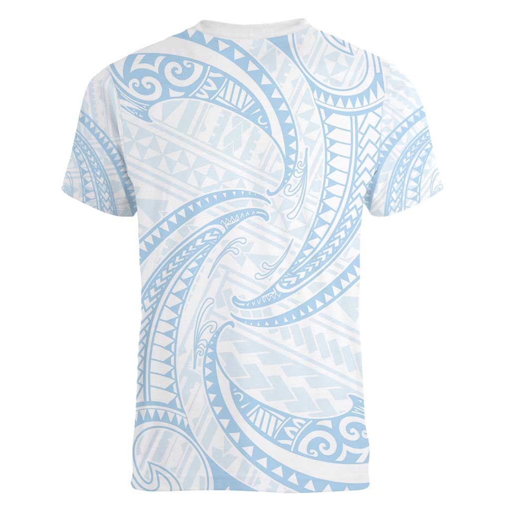 White Sunday Lotu Tamaiti Women V-Neck T-Shirt Polynesian Wave Pastel Sky Blue LT9 - Polynesian Pride
