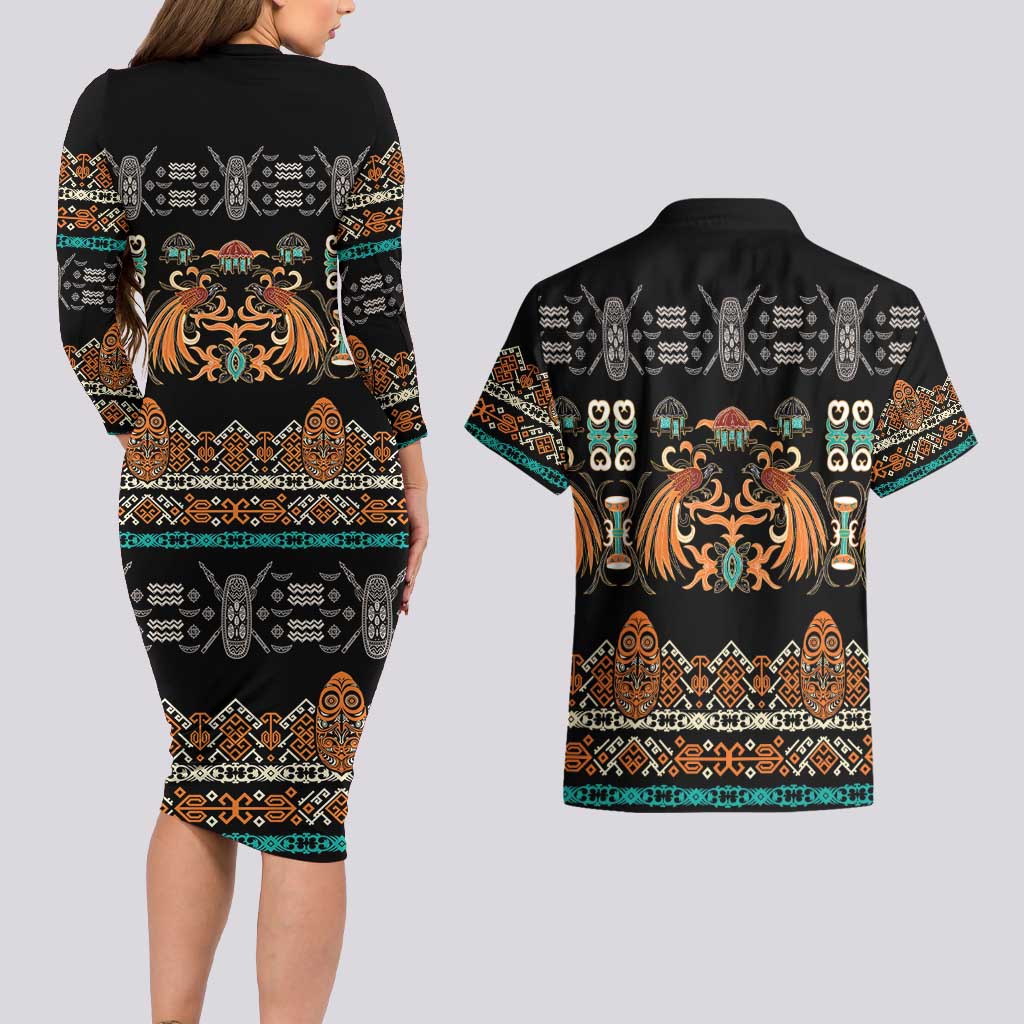 Black Batik Papua-inspired Pattern Couples Matching Long Sleeve Bodycon Dress and Hawaiian Shirt LT9 - Polynesian Pride