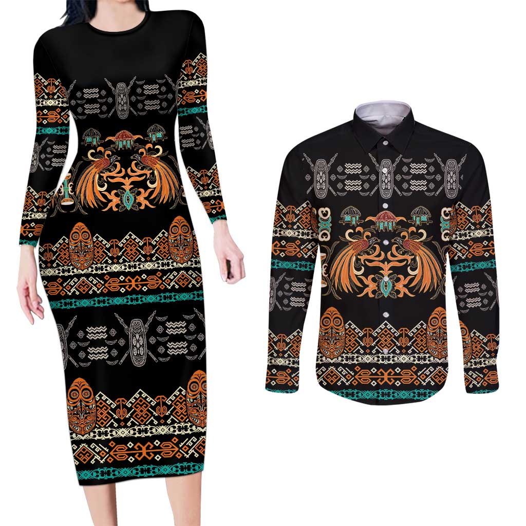 Black Batik Papua-inspired Pattern Couples Matching Long Sleeve Bodycon Dress and Long Sleeve Button Shirt LT9 Black - Polynesian Pride