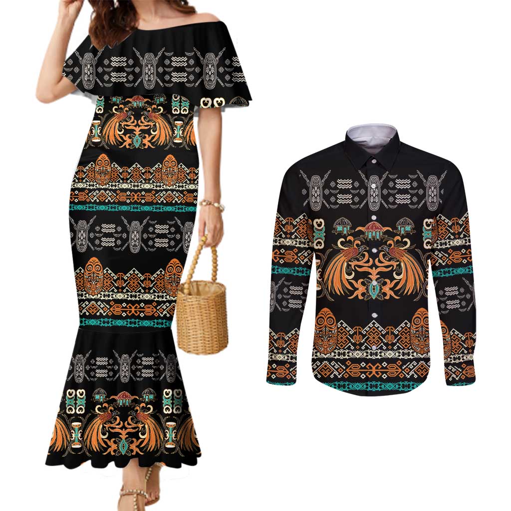 Black Batik Papua-inspired Pattern Couples Matching Mermaid Dress and Long Sleeve Button Shirt LT9 Black - Polynesian Pride