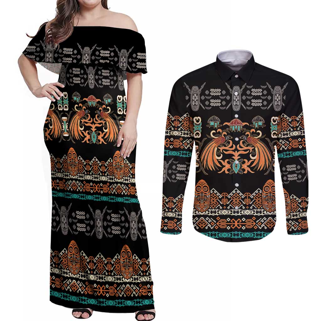 Black Batik Papua-inspired Pattern Couples Matching Off Shoulder Maxi Dress and Long Sleeve Button Shirt LT9 Black - Polynesian Pride
