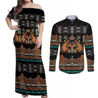 Black Batik Papua-inspired Pattern Couples Matching Off Shoulder Maxi Dress and Long Sleeve Button Shirt - Polynesian Pride
