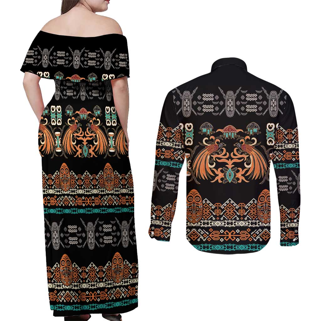 Black Batik Papua-inspired Pattern Couples Matching Off Shoulder Maxi Dress and Long Sleeve Button Shirt - Polynesian Pride