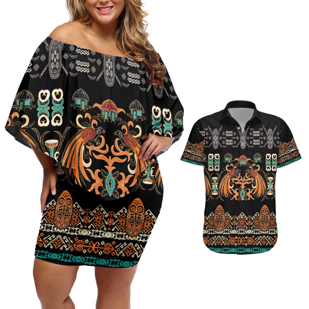 Black Batik Papua-inspired Pattern Couples Matching Off Shoulder Short Dress and Hawaiian Shirt LT9 Black - Polynesian Pride