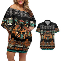 Black Batik Papua-inspired Pattern Couples Matching Off Shoulder Short Dress and Hawaiian Shirt LT9 Black - Polynesian Pride