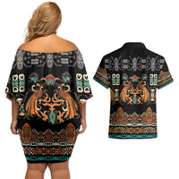 Black Batik Papua-inspired Pattern Couples Matching Off Shoulder Short Dress and Hawaiian Shirt LT9 - Polynesian Pride