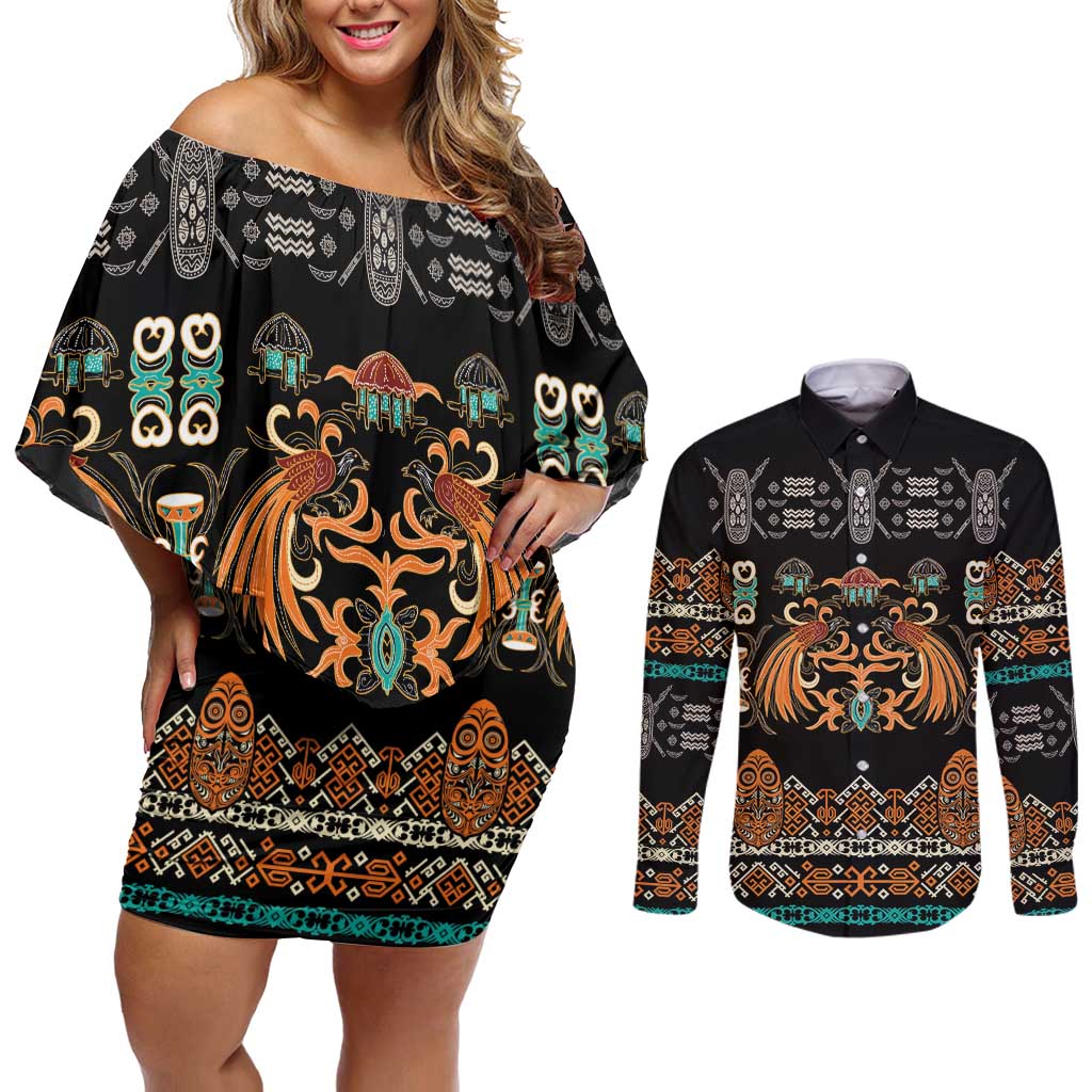 Black Batik Papua-inspired Pattern Couples Matching Off Shoulder Short Dress and Long Sleeve Button Shirt LT9 Black - Polynesian Pride
