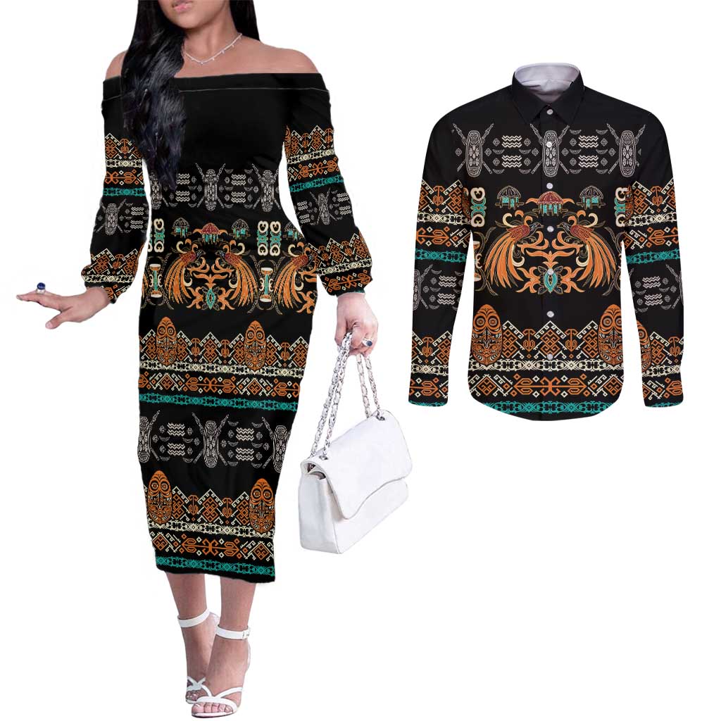 Black Batik Papua-inspired Pattern Couples Matching Off The Shoulder Long Sleeve Dress and Long Sleeve Button Shirt LT9 Black - Polynesian Pride