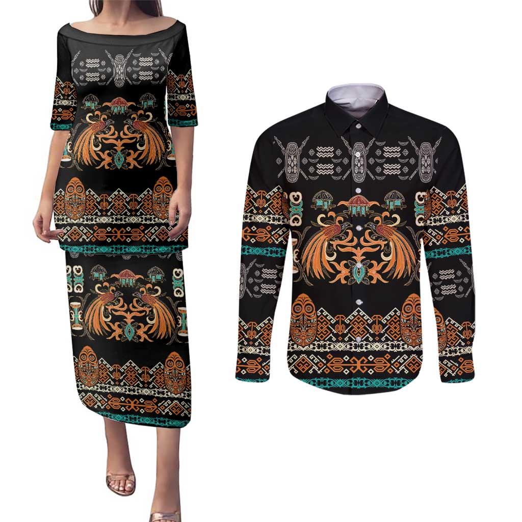 Black Batik Papua-inspired Pattern Couples Matching Puletasi and Long Sleeve Button Shirt LT9 Black - Polynesian Pride