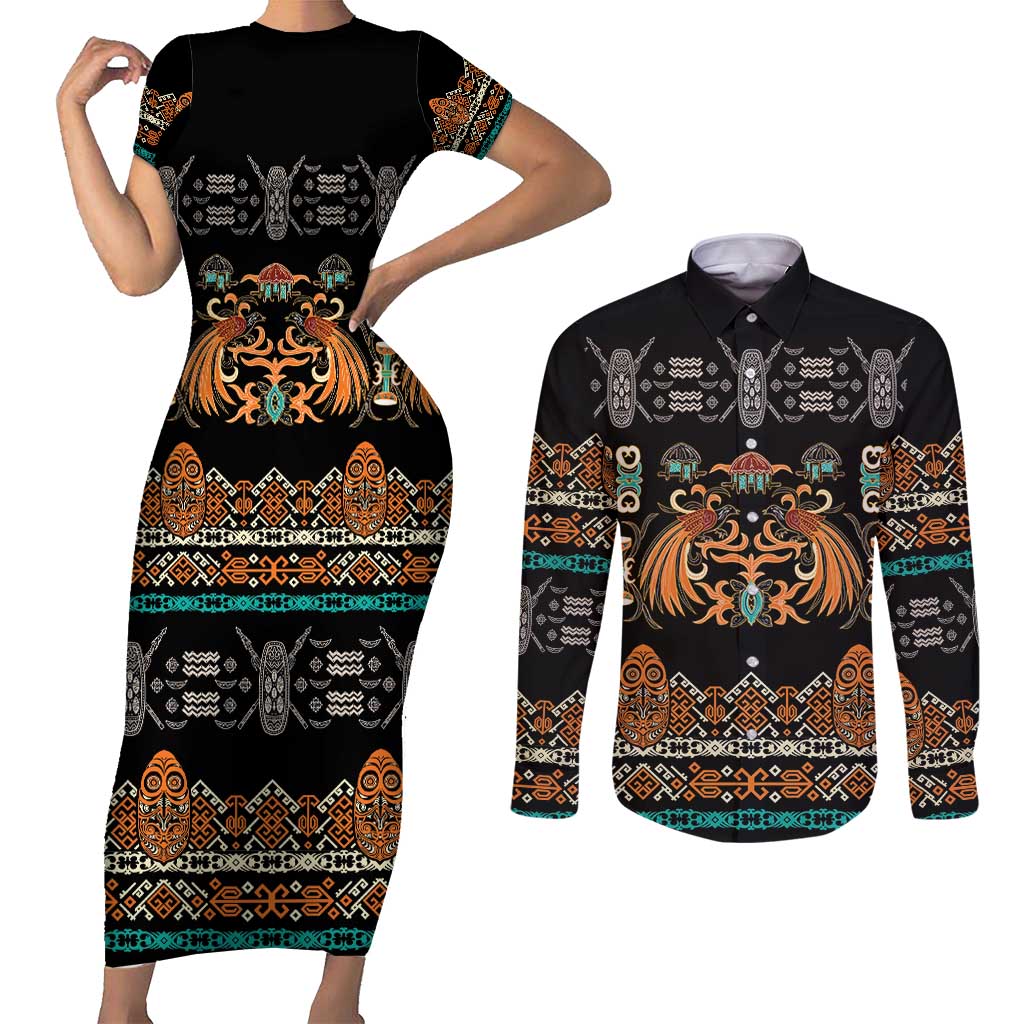 Black Batik Papua-inspired Pattern Couples Matching Short Sleeve Bodycon Dress and Long Sleeve Button Shirt LT9 Black - Polynesian Pride