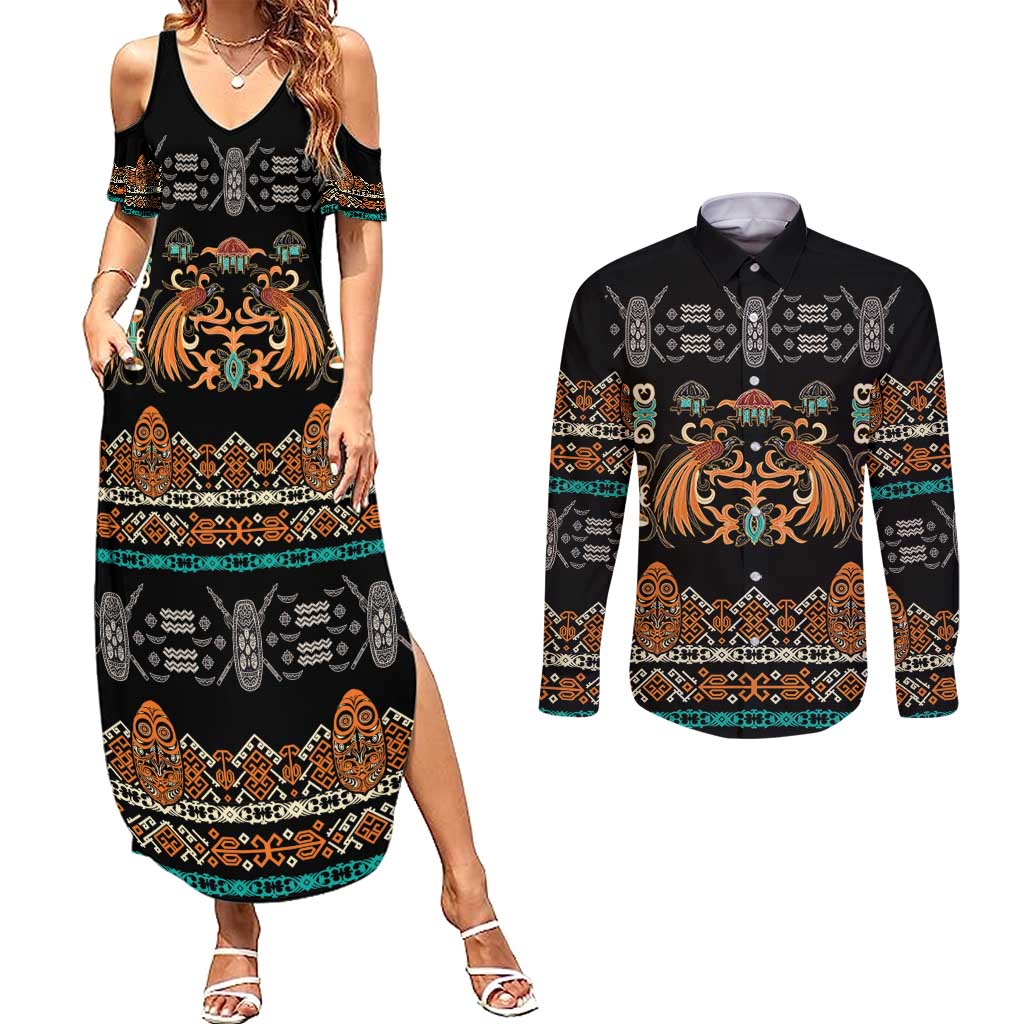 Black Batik Papua-inspired Pattern Couples Matching Summer Maxi Dress and Long Sleeve Button Shirt LT9 Black - Polynesian Pride