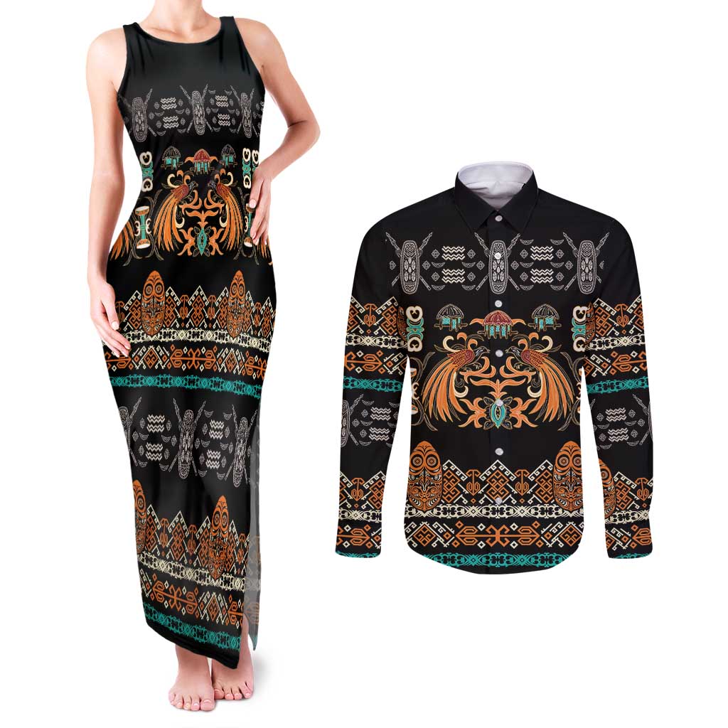 Black Batik Papua-inspired Pattern Couples Matching Tank Maxi Dress and Long Sleeve Button Shirt LT9 Black - Polynesian Pride