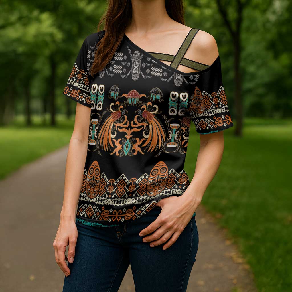 Black Batik Papua-inspired Pattern Cross Shoulder Shirt - Polynesian Pride