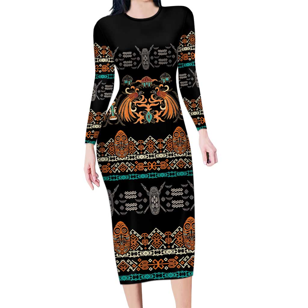 Black Batik Papua-inspired Pattern Family Matching Long Sleeve Bodycon Dress and Hawaiian Shirt LT9 Mom's Dress Black - Polynesian Pride