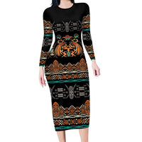 Black Batik Papua-inspired Pattern Family Matching Long Sleeve Bodycon Dress and Hawaiian Shirt LT9 Mom's Dress Black - Polynesian Pride