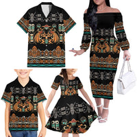 Black Batik Papua-inspired Pattern Family Matching Off The Shoulder Long Sleeve Dress and Hawaiian Shirt LT9 - Polynesian Pride
