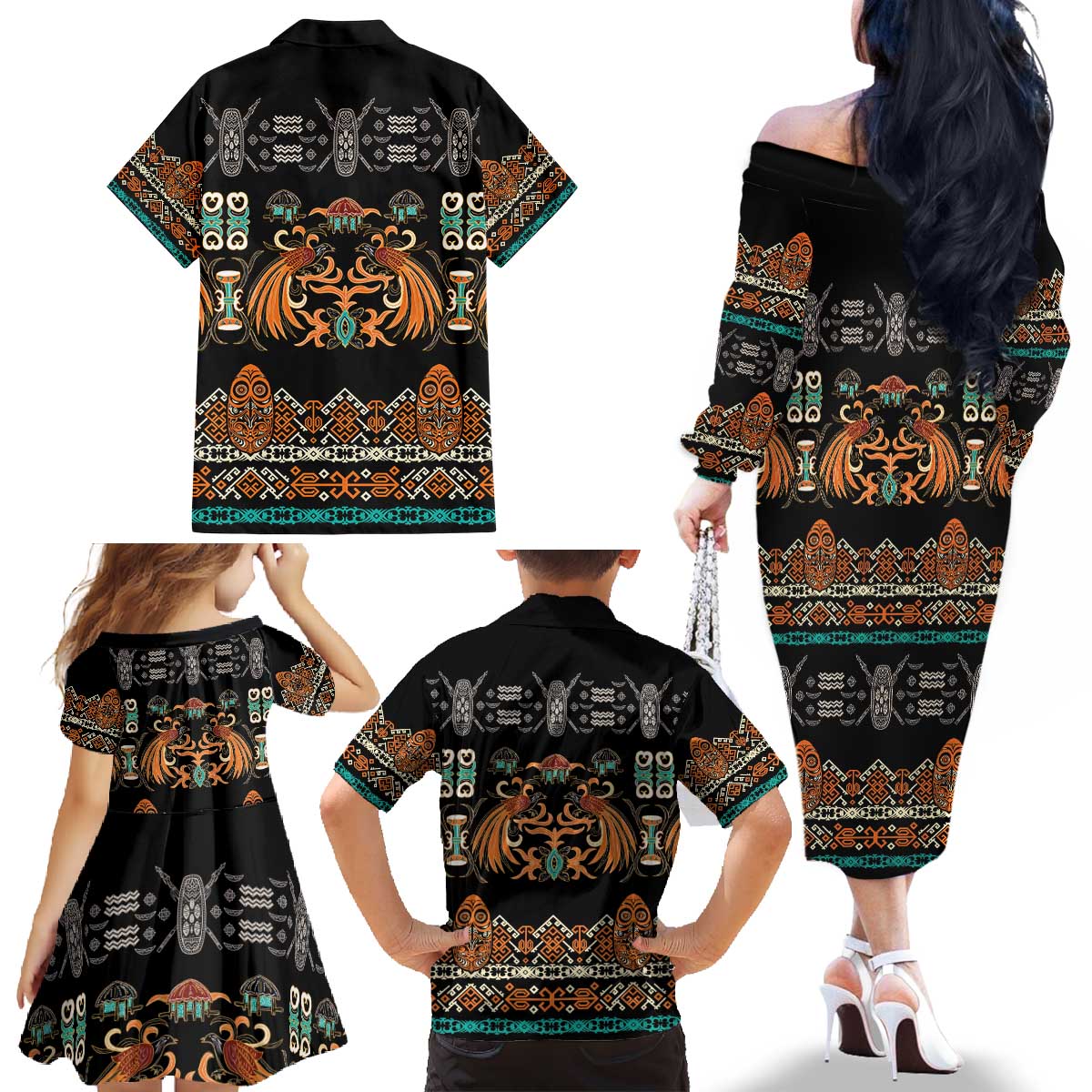 Black Batik Papua-inspired Pattern Family Matching Off The Shoulder Long Sleeve Dress and Hawaiian Shirt LT9 - Polynesian Pride