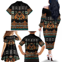 Black Batik Papua-inspired Pattern Family Matching Off The Shoulder Long Sleeve Dress and Hawaiian Shirt LT9 - Polynesian Pride