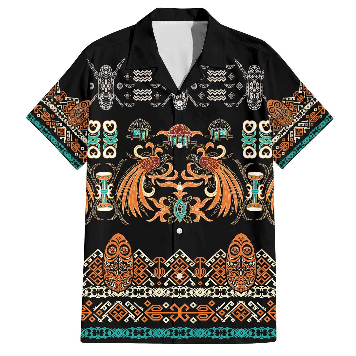 Black Batik Papua-inspired Pattern Family Matching Off The Shoulder Long Sleeve Dress and Hawaiian Shirt LT9 Dad's Shirt - Short Sleeve Black - Polynesian Pride